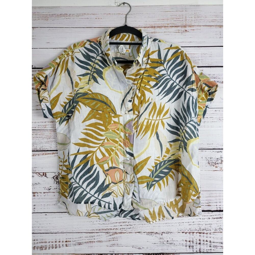 C&C California 100% Linen Top L Womens Cap Sleeve Tropical Print‎ Light Weight